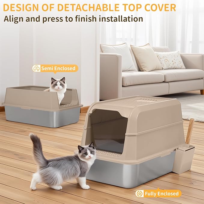 Stainless Steel Litter Box with Lid, XL Extra Large Cat Litter Box, Enclosed Metal Litter Pan with High Sided Enclosure &amp; Scoop, Anti Leakage, Easy to Clean, Odor Control(Khaki)