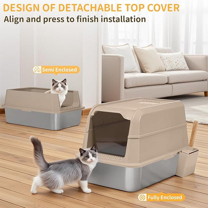Stainless Steel Litter Box with Lid, XL Extra Large Cat Litter Box, Enclosed Metal Litter Pan with High Sided Enclosure &amp; Scoop, Anti Leakage, Easy to Clean, Odor Control(Khaki)