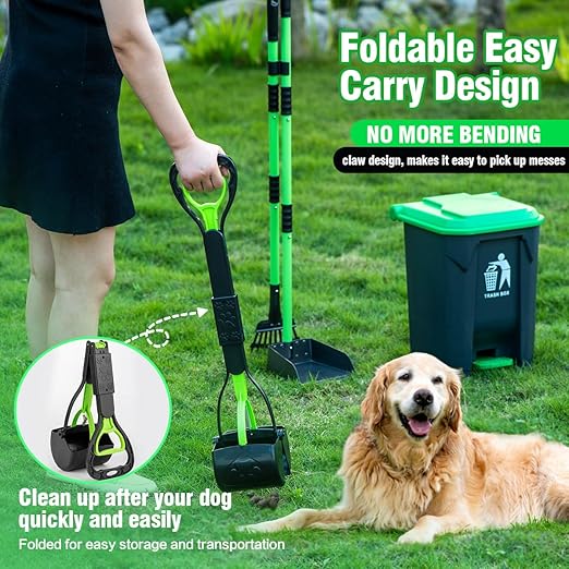 MXF Pooper Scooper Set - 28" Dog Pooper Scooper &amp; Long Handle Stainless Metal Tray&amp;Rake, 15 Litre Step Dog Poop Trash Can w/Removable Inner Bucket, 20 Waste Bags for Outdoors
