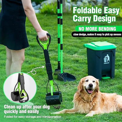 MXF Pooper Scooper Set - 28" Dog Pooper Scooper &amp; Long Handle Stainless Metal Tray&amp;Rake, 15 Litre Step Dog Poop Trash Can w/Removable Inner Bucket, 20 Waste Bags for Outdoors