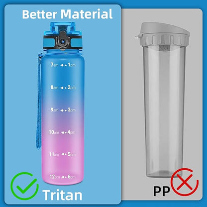 OLDLEY 32 oz Water Bottle, Motivational Water Bottle with Time Marker, Sports Water Bottle With Strap, Leakproof &amp; BPA Free Large Water Bottles for School, Gym, Travel, Outdoor, Tritan,Blue&amp;Purple