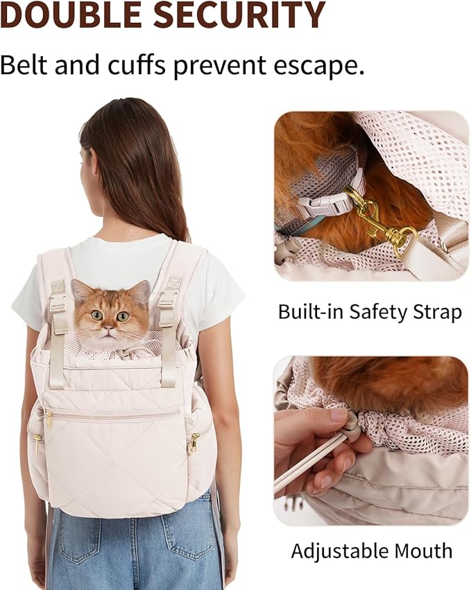 OFY Cat Carrier Puffy Backpack Breathable Small Dog Front Backpack Large Space for Small Dogs, Drawstring &amp; Water-Resisant Pet Bag for Travel Hiking, Beige Gray Patent Pending