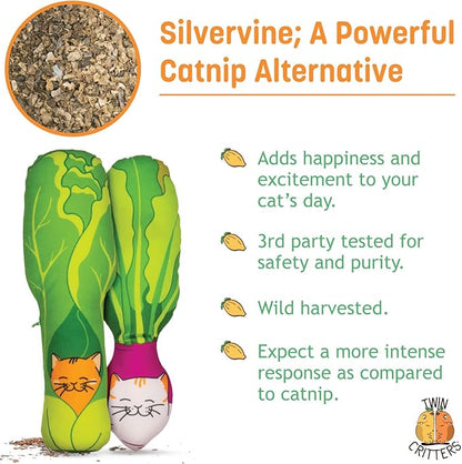 KittiVeggi 2-Pack Organic Silvervine Catnip Substitute Toys for Cats &amp; Kittens | 100% All-Natural Wild Harvested Silvervine | 2 Refillable Vegetable Kicker Cat Toys