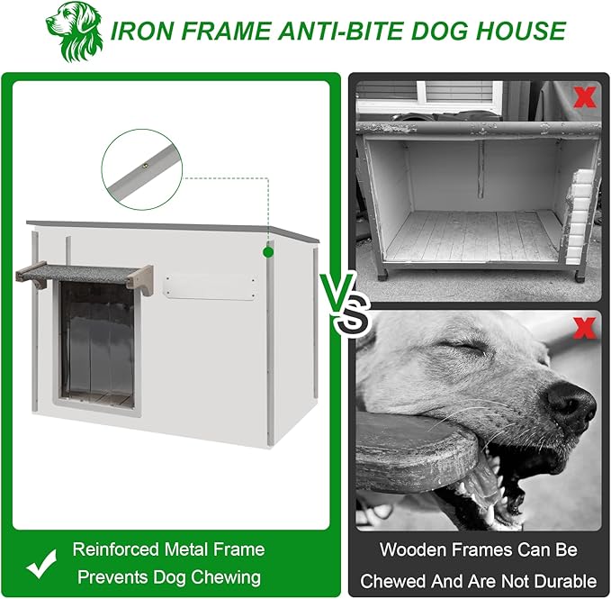 Dog House Outdoor Weatherproof &amp; Wooden Dog Kennel with Chew-Proof Iron Frame，Removable Floor, Adjustable Vent Window, Easy Assembly for Large and Medium Dogs 43.3" D x 29.5" W x 33.5" H