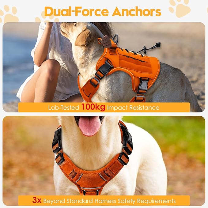 Heavy-Duty Tactical Dog Harness for Large Dogs, No Pull Adjustable Reflective Pet Vest with Molle System, K9 Military-Grade Control for Service Training, Outdoor &amp; 10+ Breeds, Orange, X-Large