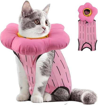EMUST Cute Cat Recovery Suit &amp; Cone Collar Set - Soft, Adjustable Flower Collar for Female Kittens Under 4lb (Pink, S)