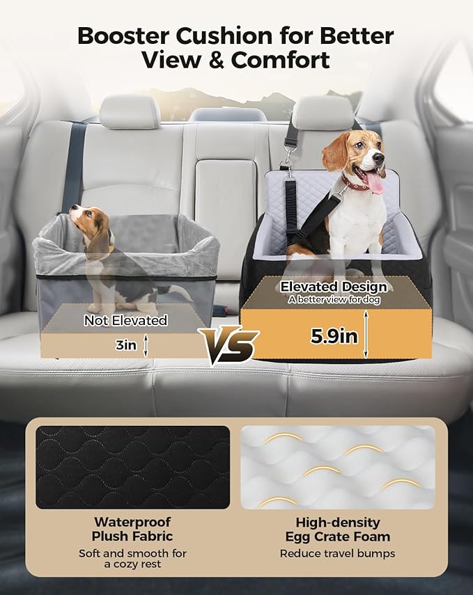 Dog Car Seat for Small &amp; Medium Dogs Under 35lbs, Detachable &amp; Washable Pet Car Seat, Interior Height 6 Inches Pet Travel Bed with Storage Pockets and 2 Dog Safety Belts (Black/Gray)