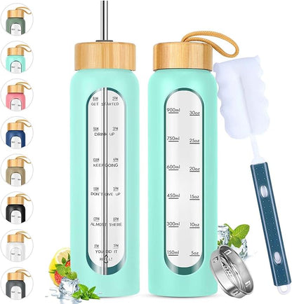 32 oz Glass Water Bottle with Straw - Motivational Time Marker &amp; Silicone Sleeve - Reusable Tumbler Includes 2 Bamboo Lids &amp; Fruit Infuser - 1 Pack