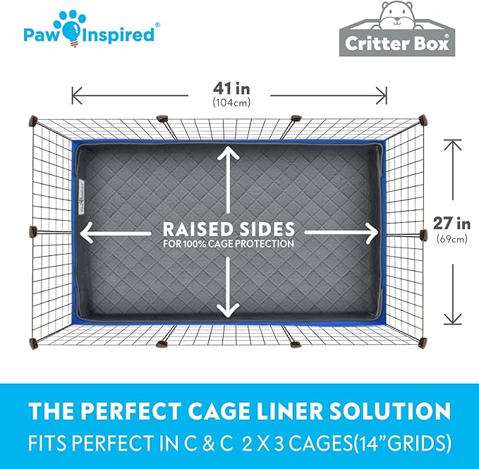 Paw Inspired Critter Box Washable Cage Liner, Reversible Fleece Bedding with Raised Sides for Guinea Pigs and Other Small Animals (C&amp;C 2x3 (14" Grids), Gray/Green)