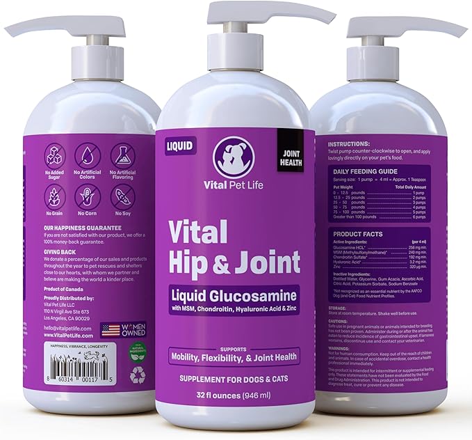 Liquid Glucosamine for Dogs Cats &amp; Horses with Chondroitin, MSM, and Hyaluronic Acid, Hip &amp; Joint Supplement for Mobility &amp; Comfort, Supports Joint Health &amp; Flexibility, Mobility, &amp; Protection, 32 oz