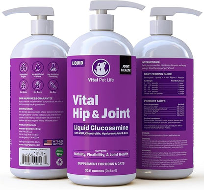 Liquid Glucosamine for Dogs Cats &amp; Horses with Chondroitin, MSM, and Hyaluronic Acid, Hip &amp; Joint Supplement for Mobility &amp; Comfort, Supports Joint Health &amp; Flexibility, Mobility, &amp; Protection, 32 oz