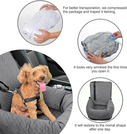 Dog Car Seat for Small Medium Dogs Up to 40lbs, Detachable Washable Soft Pet Booster Travel Bed for Front &amp; Gray Seat with Safety Leash Belt