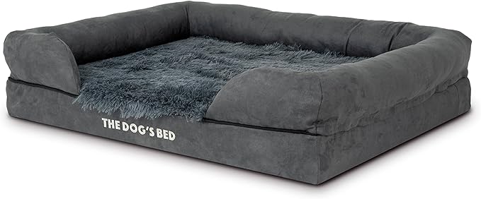 The Dog’s Bed, Large Grey Fur, Memory Foam, Pain Relief: Arthritis, Hip &amp; Elbow Dysplasia, Post Surgery, Lameness, Supportive, Calming, Waterproof Washable Cover, Veterinary Approved