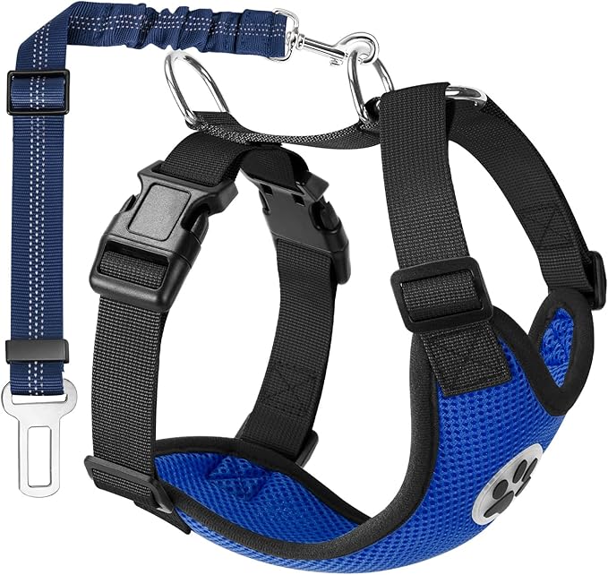 Lukovee Dog Seat Belt - Adjustable Dog Car Harness for Large, Medium &amp; Small Dogs, Soft Padded &amp; Breathable Mesh Dog Seatbelt with Car Vehicle Connector Strap (Blue, Medium)