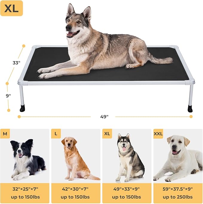 Veehoo Chewproof Elevated Dog Bed - Cooling Raised Pet Cot, Breathable Mesh, Washable &amp; Non-Slip for Large Dogs, Indoor/Outdoor, Black Mat and Silver Metal Frame, 49x33inches (Model CWC2203B03)