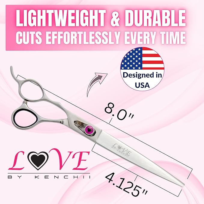 Kenchii Love Left Handed Dog Grooming Scissors, 8 Inch Straight Shears, Dog Scissors for Grooming, Professional Pet Grooming Scissors, Ergonomic &amp; Comfortable