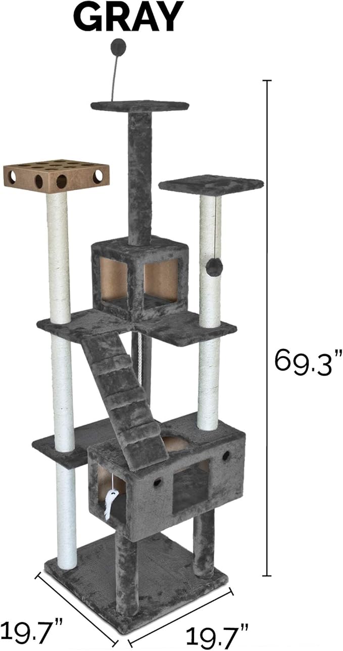 Furhaven 69.3" Tall Cat Tree for Indoor Cats, Ft. Sisal Scratching Posts, 2x Cat Condos, &amp; Toys - Tiger Tough Double Decker Interactive Playground Tower - Silver Gray, One Size