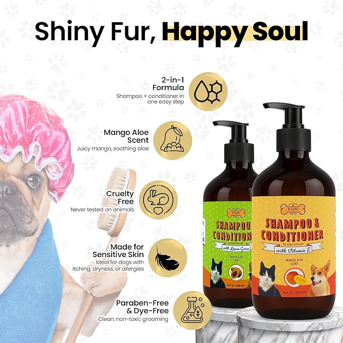 POM Pets 2 Pack 2-in-1 Organic Dog Shampoo &amp; Conditioner – Itchy Skin Relief, Dog Deshedding, Detangles Fur, Cat Shampoo, Paw Cleaner for Dogs, Natural Coat Defense Formula