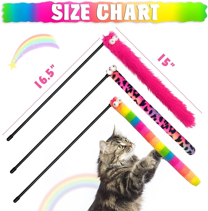 3 Pack Cat Wand Toy, Rainbow Cat Feather Toys with Bells, Teaser Wand with Soft Furry Tail, Interactive Toys for Indoor Cats &amp; Kitten &amp; Kitty