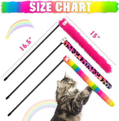 3 Pack Cat Wand Toy, Rainbow Cat Feather Toys with Bells, Teaser Wand with Soft Furry Tail, Interactive Toys for Indoor Cats &amp; Kitten &amp; Kitty
