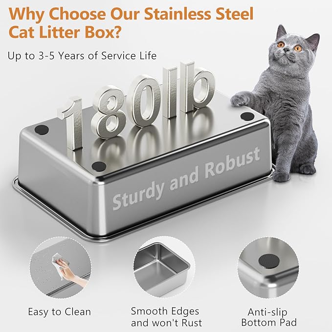 Stainless Steel Cat Litter Box with Lid, XL Extra Large Litter Box for Big Cats, Enclosed Removable Metal Litter Boxs with High Sided Enclosure &amp; Scoop, Anti-Leakage, Non-Sticky, Easy Cleaning(Grey)