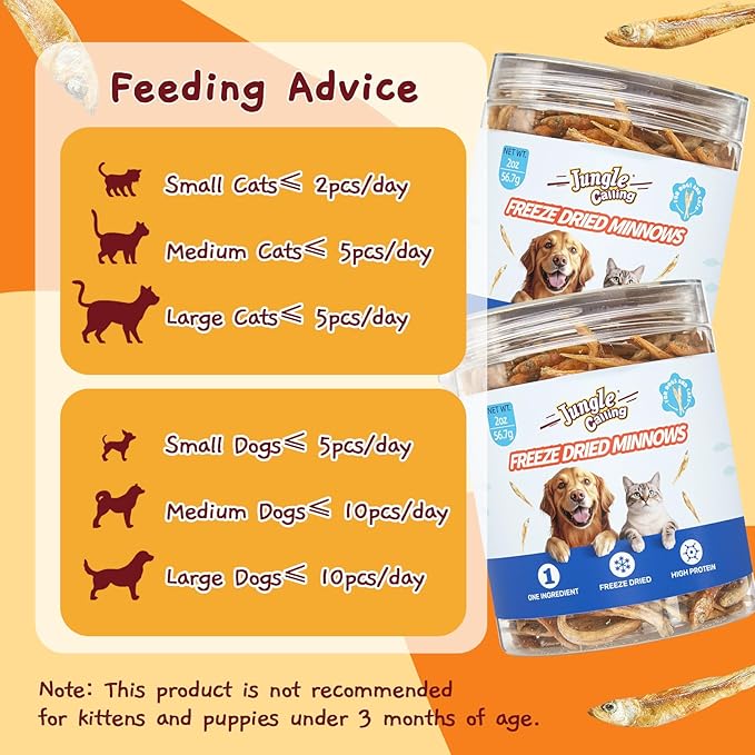 Jungle Calling Freeze Dried Minnows for Cats &amp; Dogs, Single Ingredient Fish Cat &amp; Dog Treats, High Protein Grain Free Pet Training Snacks, 2 oz