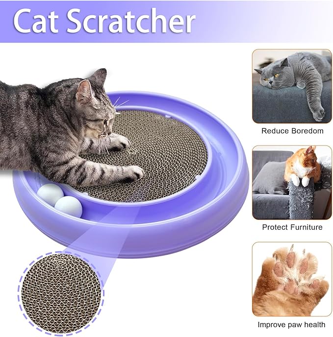 Interactive Cat Ball Track Toy for Indoor Cats, Cat Scratching Board &amp; Exercise Set for Bored Indoor Adult and Kitten Mental &amp; Physical Stimulation, with Spare Ball to Prevent Loss (Purple)