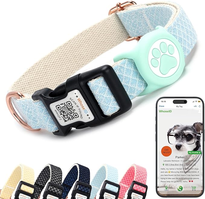 Dog Collar with Waterproof AirTag Holder &amp; Anti-Lost QR Code, Cute Bling Warpping Adjustable Width for Small Medium Large Pet (Light Blue, S)