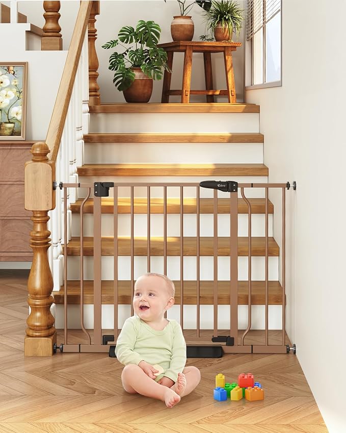 29"-40" Baby Gate for Stairs, Auto Close Stroller Friendly Dog Gate Indoor for Doorways, Pressure Mounted Baby Gate, Easy Walk Through Gate for Children &amp; Pets, Brown