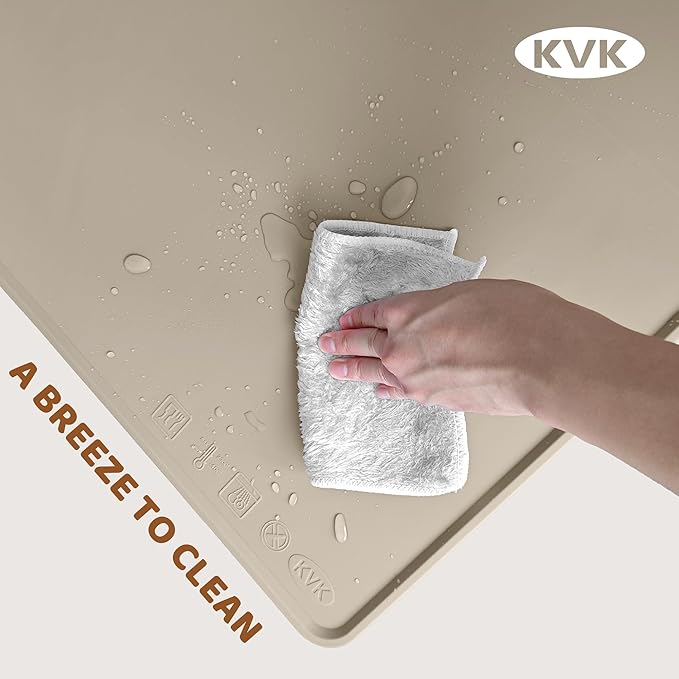 KVK Extra Extra Large Silicone Dog Food Mat 39.4×43.3in and 128oz Silicone Bag Set, Super Size Waterproof Pet Feeding Mat &amp; Container, Non-Slip, Chew-Resistant Floor Protection (Beige&amp;Yellow)