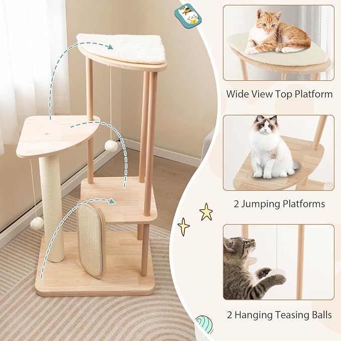 Tangkula Wood Cat Tree for Indoor Cats, Multi-Level Modern Cat Tower with Sisal Scratching Board &amp; Post, Padded Perch, Platform, Hanging Toy, Minimalist Kitten Activity Center for Small &amp; Medium Cats