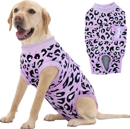 FUAMEY Recovery Suit for Dogs After Surgery,Soft Breathable Dog Bodysuit E-Collar &amp; Cone Alternative Surgical Suit,Male Female Dog Neuter Spay Suits Anti Licking Wounds Onesie Purple Leopard XXL