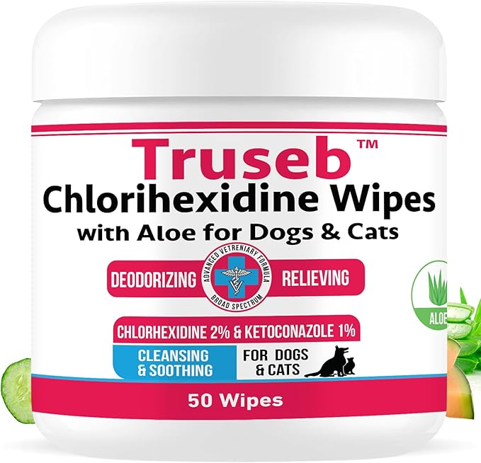 Truseb Topical Ketoconazole and Chlorhexidine Wipes for Dogs, Cats and Horses - with Aloe for Cleansing - 50 Count (Ketoconazole &amp; Chlorhexidine Wipes, 50 Count)