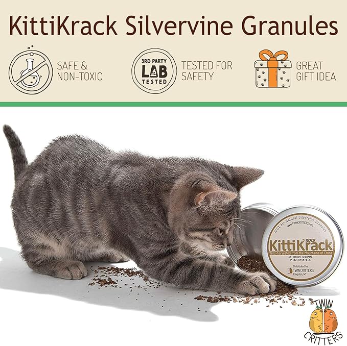 KittiKrack Rock Organic Silvervine Catnip Substitute for Cats &amp; Kittens | All-Natural Wild Harvested Silvervine Granules | 4 Refills for TWINCRITTERS Refillable Plush Cat Toys | 10g