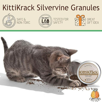 KittiKrack Rock Organic Silvervine Catnip Substitute for Cats &amp; Kittens | All-Natural Wild Harvested Silvervine Granules | 4 Refills for TWINCRITTERS Refillable Plush Cat Toys | 10g