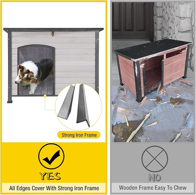 Aivituvin Large Dog House Outdoor Indoor Weatherproof Dog House for Small &amp; Medium &amp; Large Dogs with Unique All-Around Iron Frame＆Raised Feet（White）