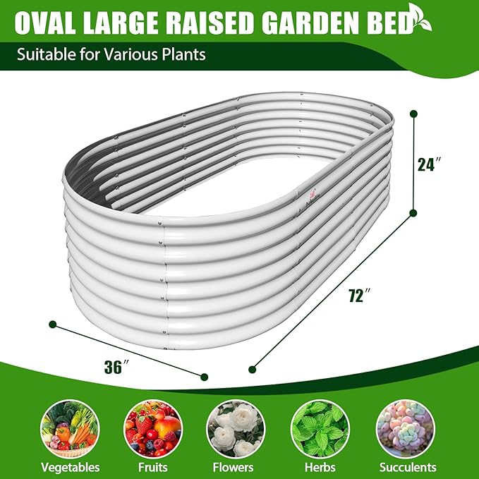 A ANLEOLIFE 6X3X2 ft Galvanized Raised Garden Beds Outdoor, Oval Large Metal Deep Root Planter Box for Planting Vegetables Flowers Herb, Anti-Rust &amp; Easy-Setup, Antique White