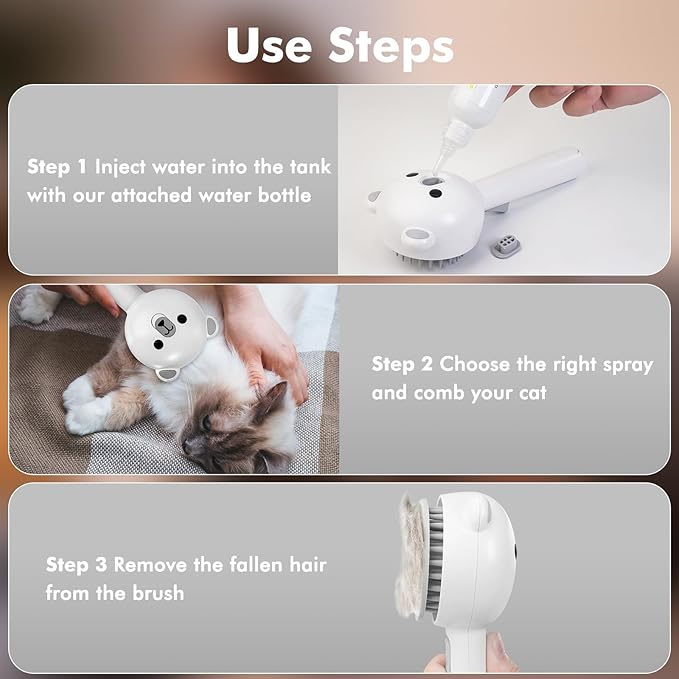 4 in 1 Pet Steam Brush for Cat &amp; Dog, Cat Steam Brush for indoor Cats, Self Cleaning Shedding &amp; Grooming Tool with Waterless Shampoo, Pet Spray Hair Removal Comb with Release Button &amp; Water Tank