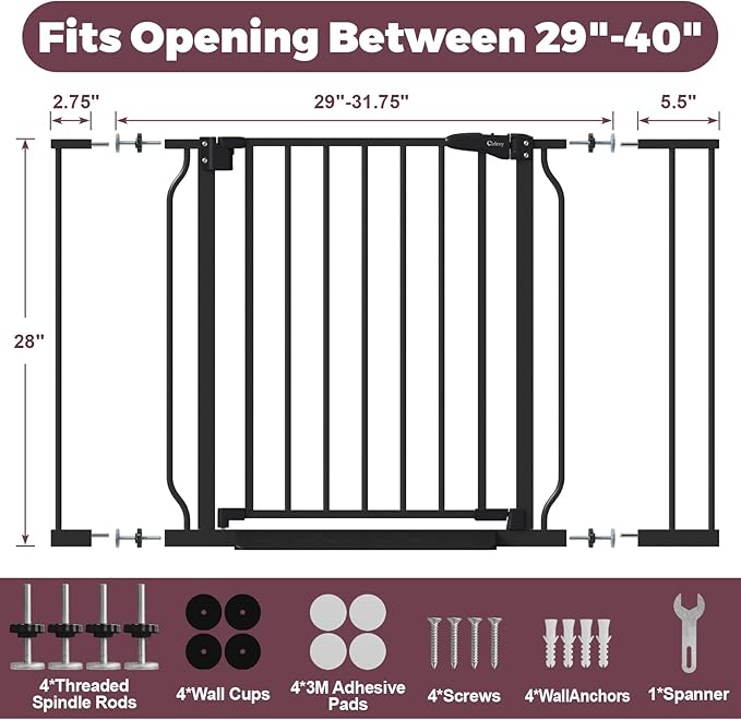 29"-40" Baby Gate for Stairs, Auto Close Stroller Friendly Dog Gate Indoor for Doorways, Pressure Mounted Baby Gate, Easy Walk Through Gate for Children &amp; Pets, Black
