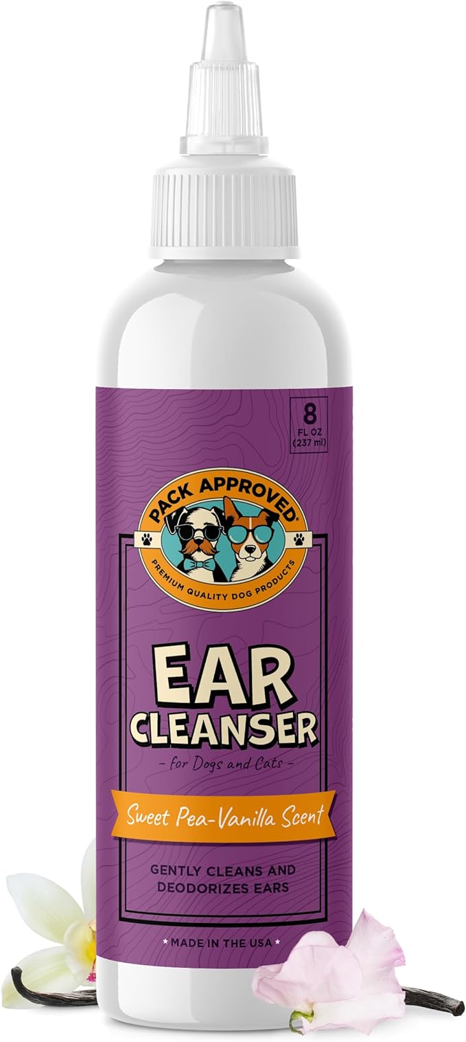 Cat &amp; Dog Ear Cleaning Solution - Helps Remove Wax, Debris, and Dirt - Non-Stinging, Non-Burning Daily Use Formula - Cat &amp; Dog Ear Wash for Itchy Ears - Sweet Pea &amp; Vanilla Scent (8oz)