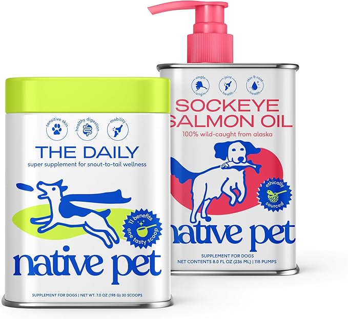Native Pet The Daily Dog Supplement (30 Scoops) &amp; Salmon Oil for Dogs &amp; Cats (8 Oz) - 11 in 1 Multivitamin &amp; Pure Omega-3 Fish Oil Supplement for Skin &amp; Coat, Joint, Heart Health &amp; Anti-Inflammatory
