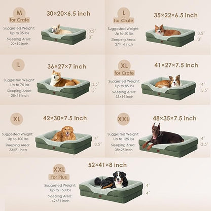 EHEYCIGA Memory Foam Dog Bed for Large Sized, Orthopedic Dog Sofa with Sides and Waterproof Liner, Washable Bolster Pet Couch with Removable Cover, 41x27x7.5 Inch, Green