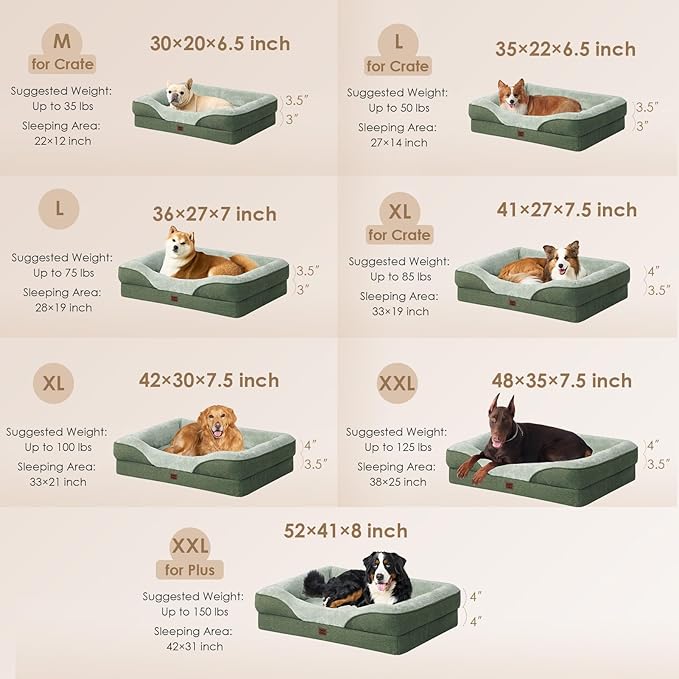 EHEYCIGA Memory Foam XXL Dog Bed for XLarge Sized, Extra Large Orthopedic Dog Sofa with Sides and Waterproof Liner, Washable Bolster Pet Couch with Removable Cover, 52x41x8 Inch, Green