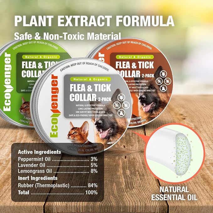 EcoVenger Flea &amp; Tick Collar Repellent 2-Pack White, Fits Both Dogs &amp; Cats, Built-in Pant-Based Formula Strong Repellency Slow Release, Lasting Deterrence and Protection, Pleasant Aroma, Waterproof