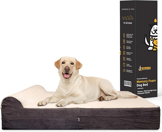 KOPEKS Jumbo Orthopedic Dog Bed - 7-inch Thick Memory Foam Pet Bed with Pillow with Removable Cover &amp; Free Waterproof Liner - for Large Breed Dogs, XL, Brown-Plush Top