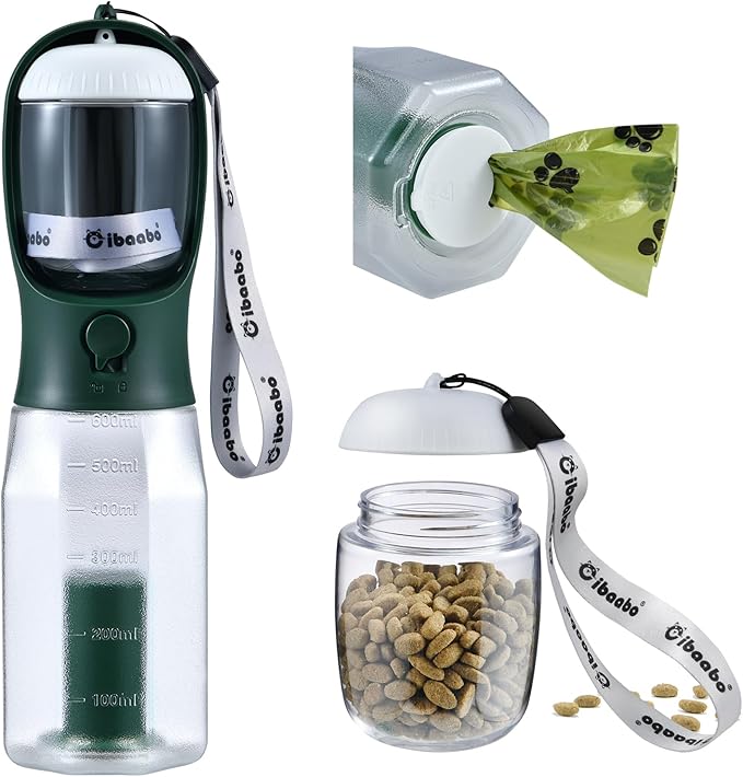 Dog Water Bottle with Food Container &amp; Poop Bag Holder, Travel Water Bowl, Portable Pet Dispenser, Dog Stuff Accessories Items, Puppy Essentials Necessities for Yorkie Chihuahua Walking Hiking