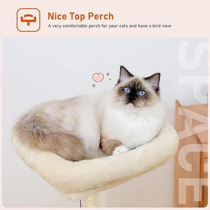PEQULTI Cat Tree Modern Cat Tower for Indoor Cats,Multilevel Cat Play House with Large Condo, Spacious Hammock, Cozy Top Perch,Scratching Post and Dangling Balls