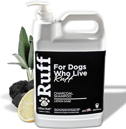 Ruff by Lillian Ruff Activated Charcoal Pet Shampoo – Lemon Sage – Deep Cleanser, Deodorizer &amp; Stain Remover – Hydrates Dry Itchy Skin – Puppy &amp; Dog Safe – USA Made (Gallon Pump)