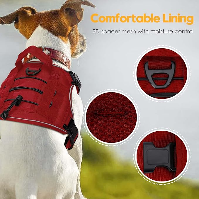 Heavy-Duty Tactical Dog Harness for Large Dogs, No Pull Adjustable Reflective Pet Vest with Molle System, K9 Military-Grade Control for Service Training, Outdoor &amp; 10+ Breeds, Red, Small