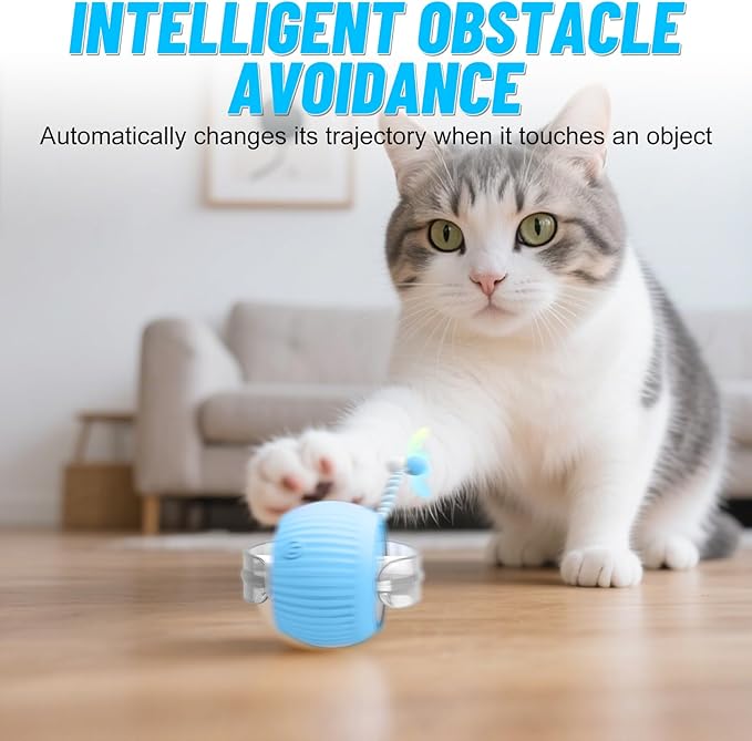 Interactive Cat Toy Ball for Indoor Cats with Mesh Tail &amp; Foils, Automatic Rolling Three Modes Agile Moving Cat Ball to Keep Them Busy Rechargeable, Blue